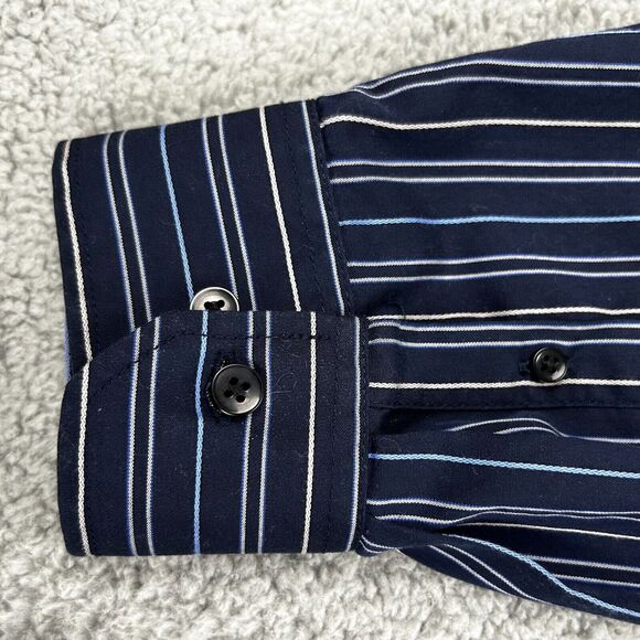 Van Heusen No Iron Men's L 16-16.5 Long-Sleeve Button Down Shirt Blue w/ Stripes - Picture 5 of 10